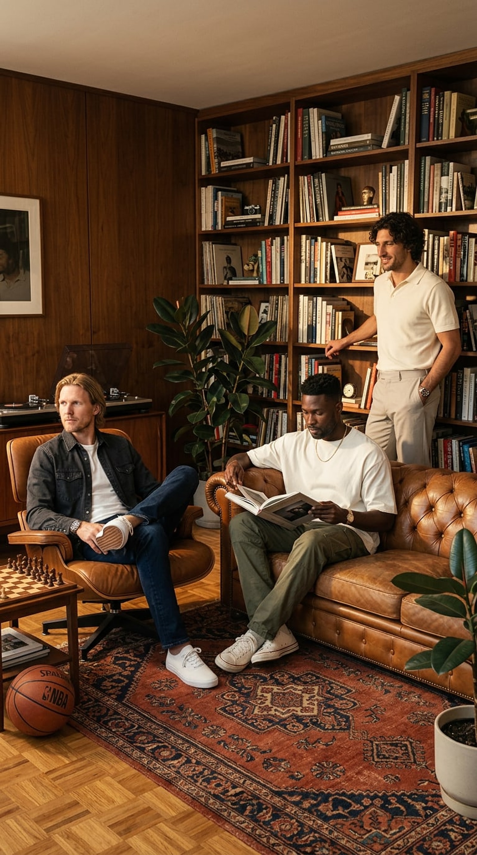 The Adler crew in a warm wood-panelled mid-century library at late afternoon — three friends, watches on the wrist, chess set on the table, leather chesterfield. The Carry collection.