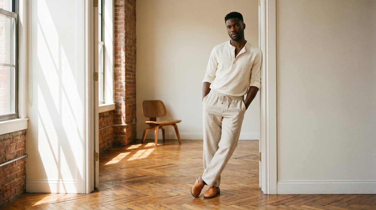 The Standard — model in cream cotton-linen henley shirt and stone wide-leg trousers, modern loft, soft window light