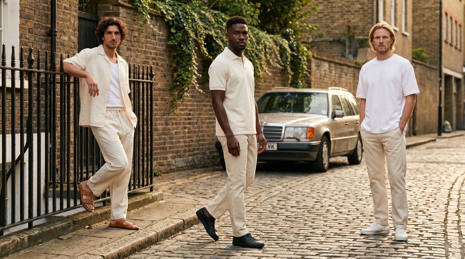 The Adler crew on a worn cobblestone London backstreet at golden hour — three friends in cotton-linen, layered the way pieces actually live together on a man.