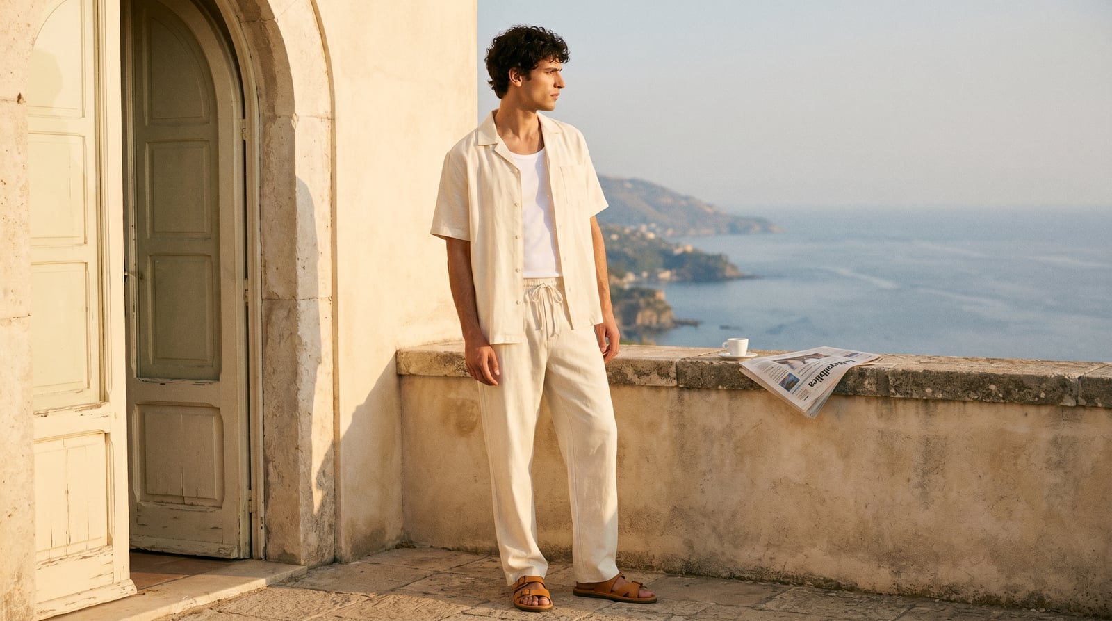 The Riviera — Italian model in cream cotton-linen on a sun-bleached stone terrace overlooking the Mediterranean coast