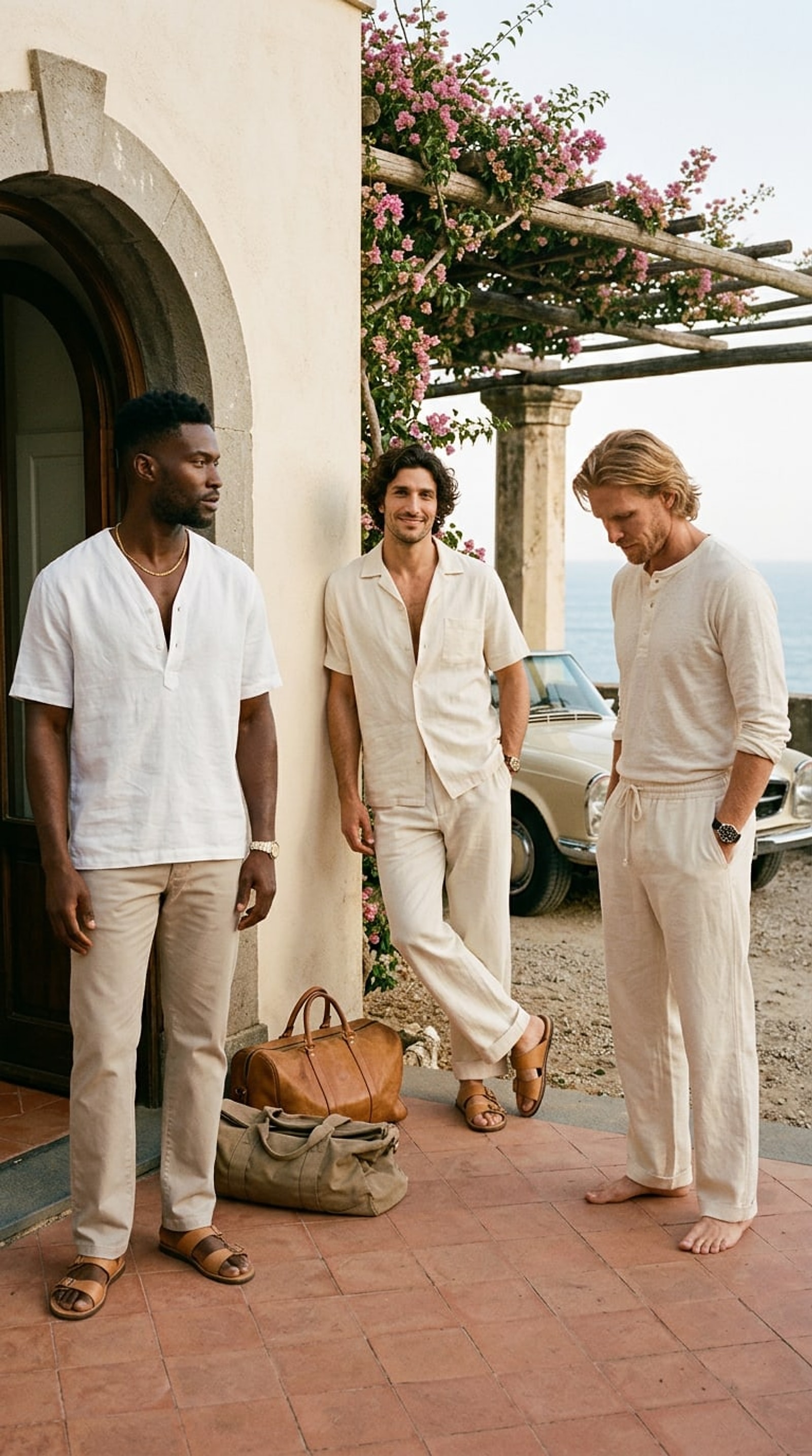 The Adler crew on a sun-bleached Mediterranean villa terrace — three friends in cotton-linen, the Riviera collection. Refined or loud, considered always.