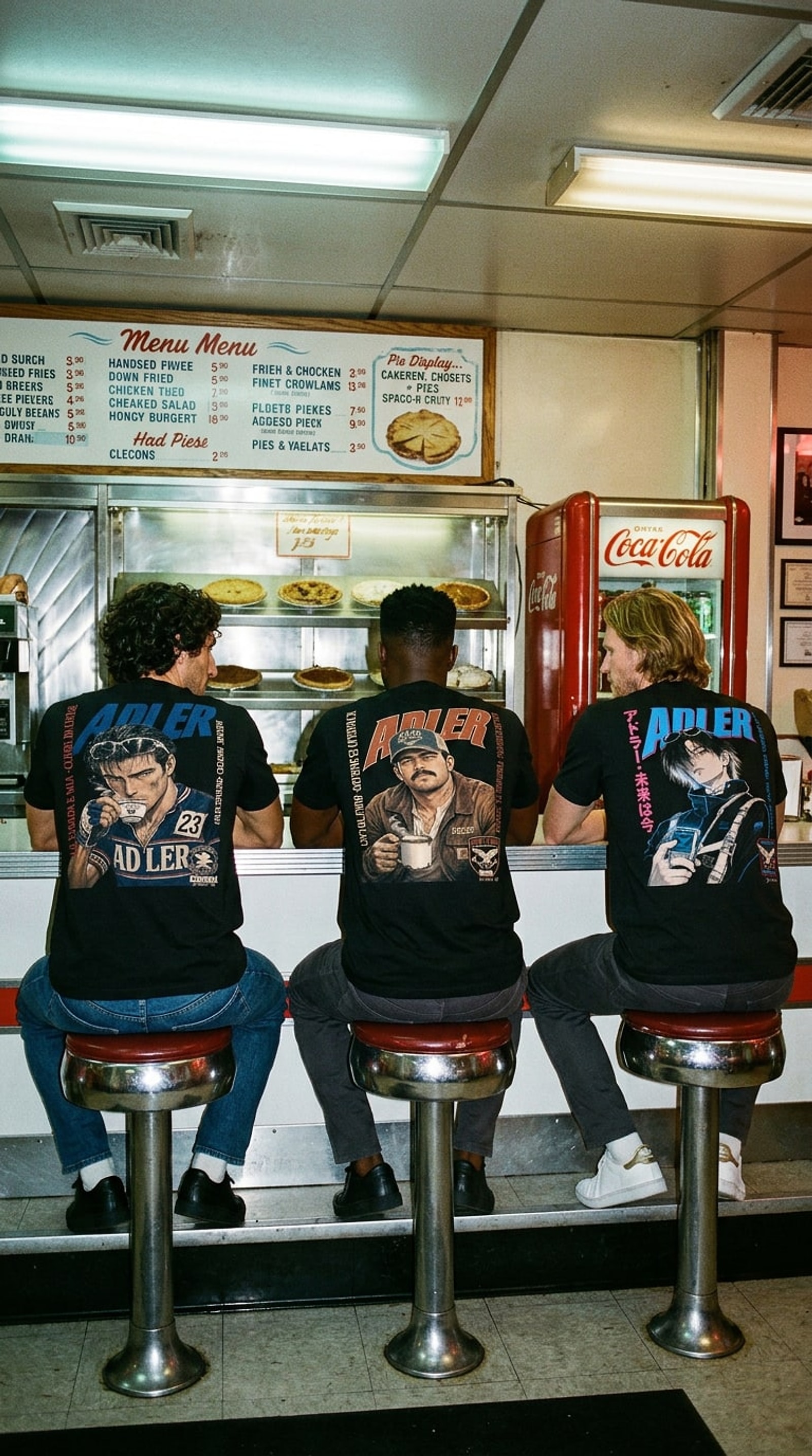 The Statement — the Adler crew at the chrome counter of a vintage NYC 24-hour diner at 1am, hard editorial flash mixed with cool fluorescent overhead, manga back-prints clearly visible. Larry Clark Kids 1995 register.