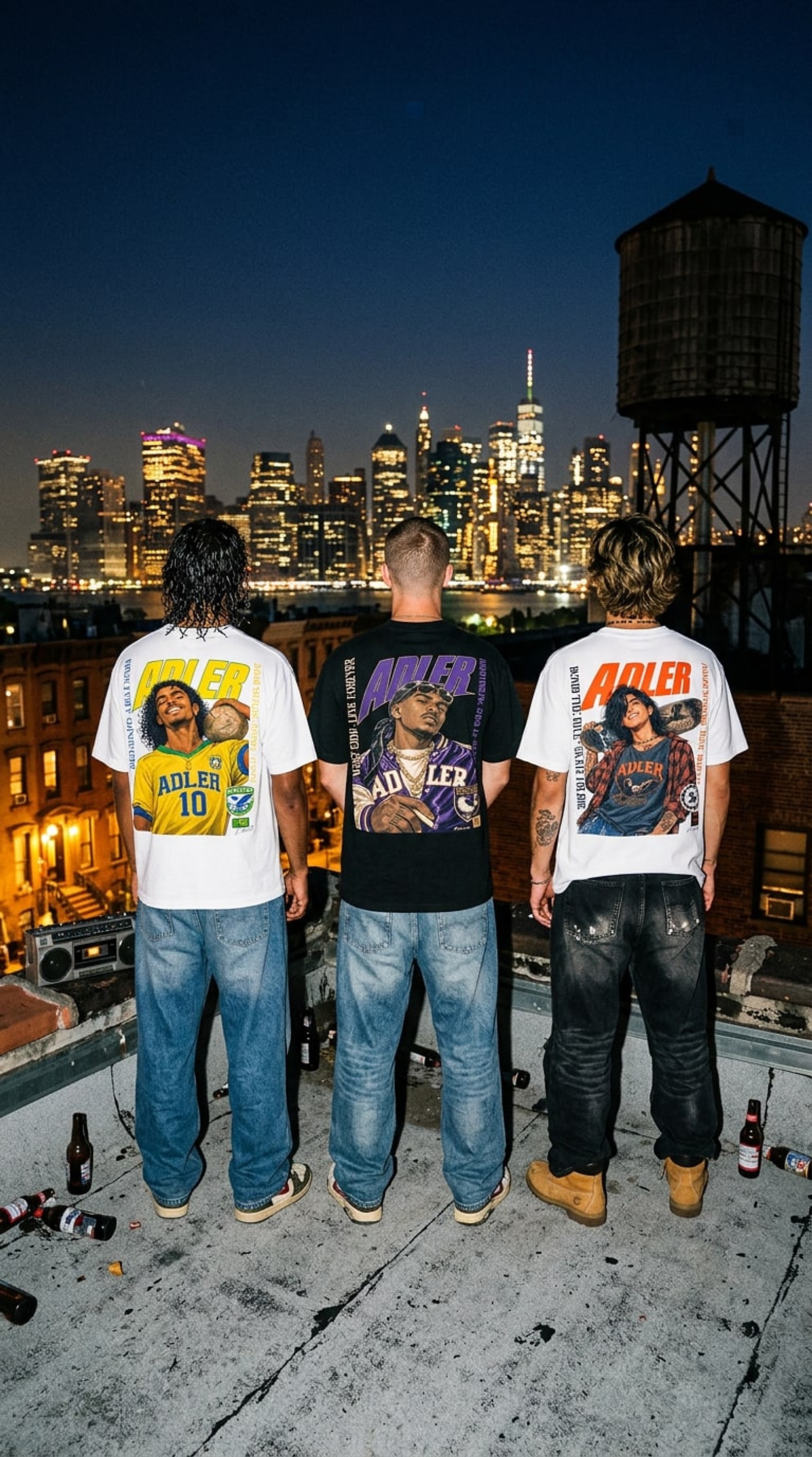 The Statement — the Adler crew on a Brooklyn rooftop at night, Manhattan skyline glittering behind, vintage water tower silhouetted, hard editorial flash on the manga back-prints. Vintage 1996 NYC streetwear photography.
