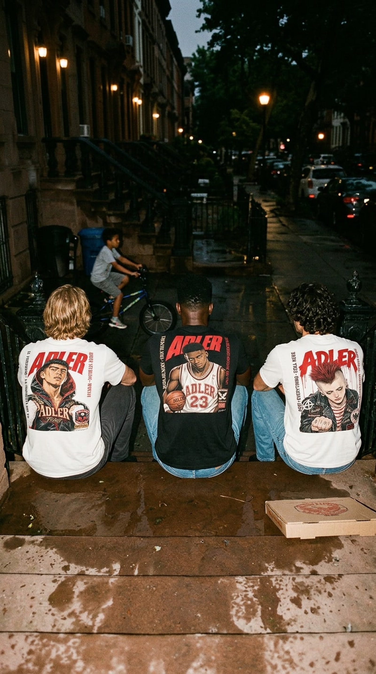 The Statement — the Adler crew on a Brooklyn brownstone stoop at night, wet summer pavement, manga back-prints visible. Vintage 1996 NYC streetwear photography.