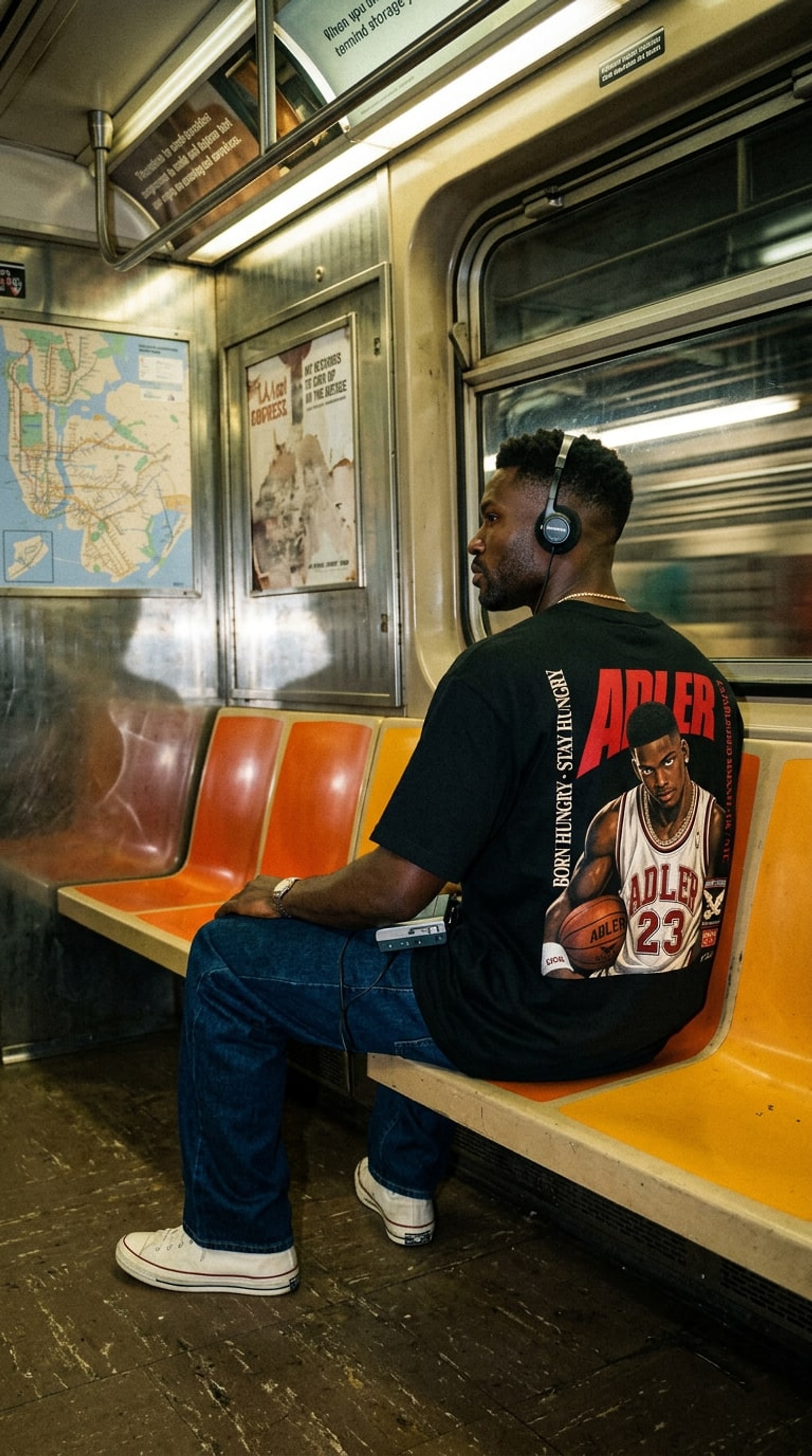 The Statement — Adler Court Streetball Tee in a vintage 1990s NYC subway car late at night, hard editorial flash, headphones on, the manga basketball back-print clearly visible. Bruce Davidson Subway register.