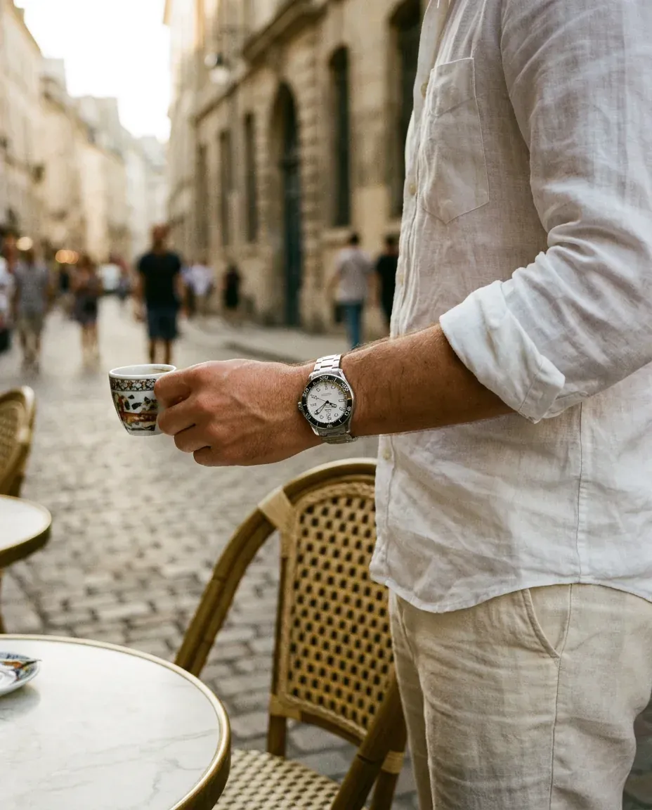 Atlantic Diver GMT on the wrist at a cafe — premium menswear lifestyle
