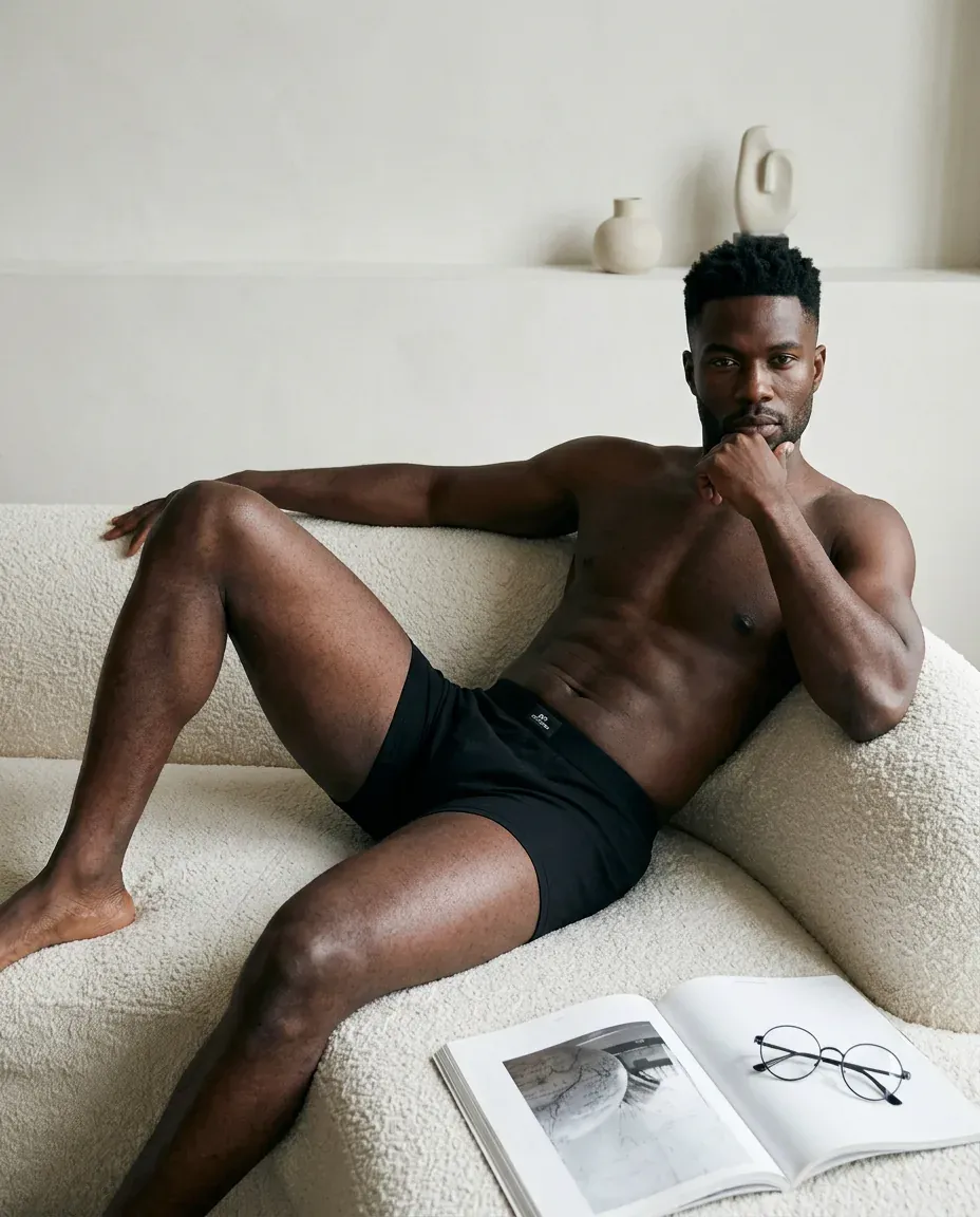 Model at home on a couch — Adler Sterling REST pillar, intimate at-home moment