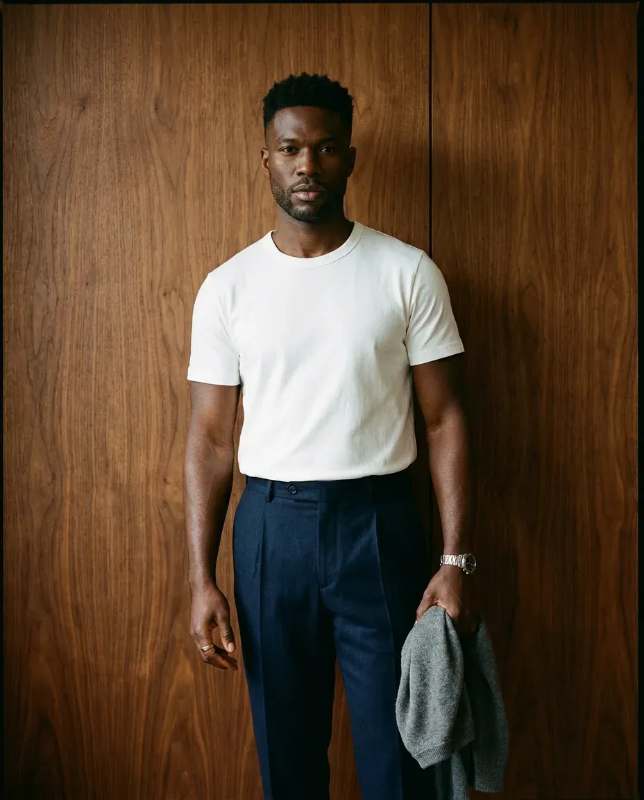 Model wearing the Adler Sterling Heavyweight Tee — premium menswear editorial portrait