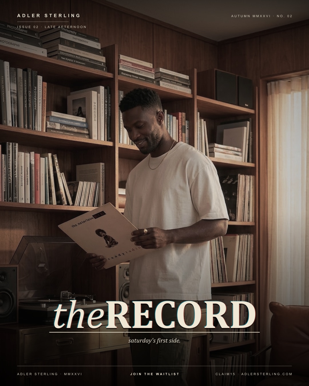The record — Late Afternoon 02 · African at vinyl shelf with brass turntable.