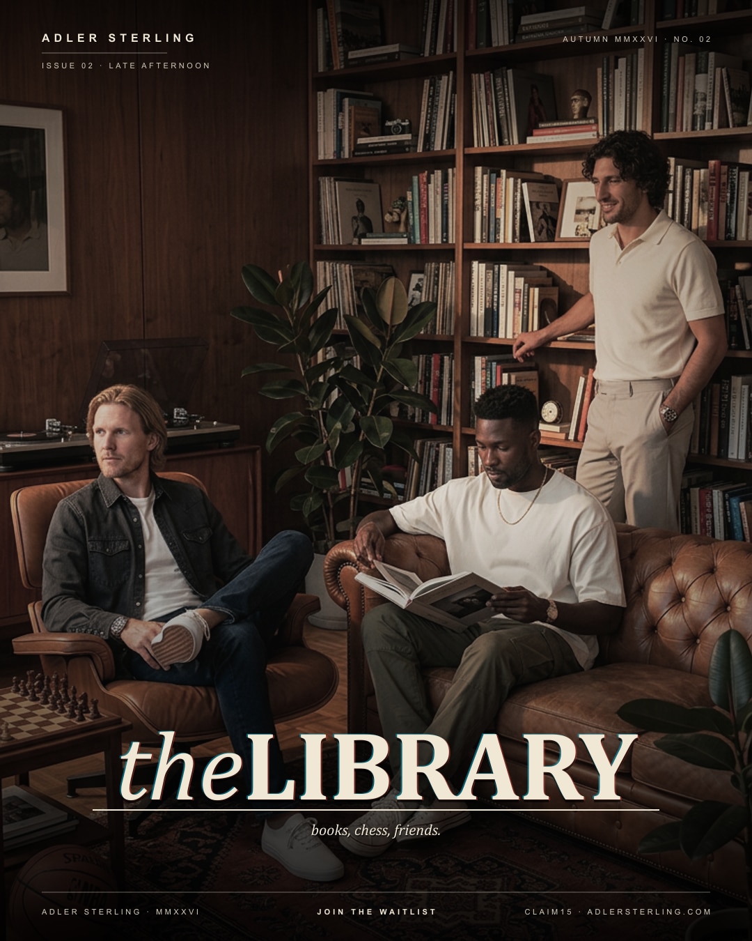 The library — Late Afternoon 04 · Three friends, chess, books.