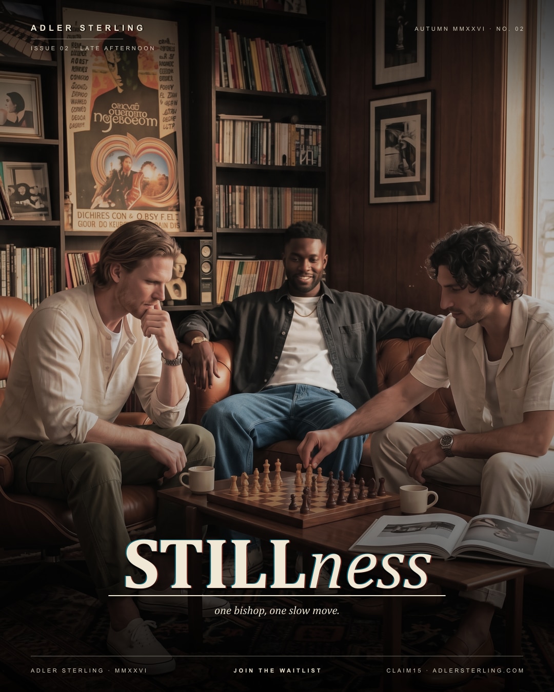 Stillness — Late Afternoon 05 · Chess game, leather chesterfield, vintage music posters.