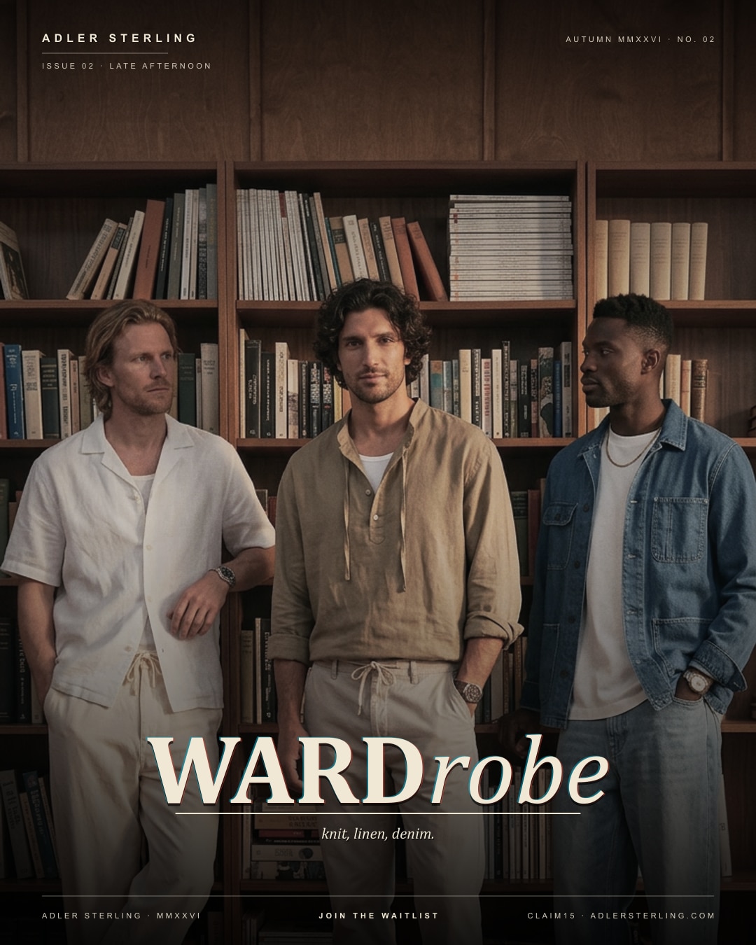 Wardrobe — Late Afternoon 06 · Three crew lined up in front of wood-panel bookshelf.