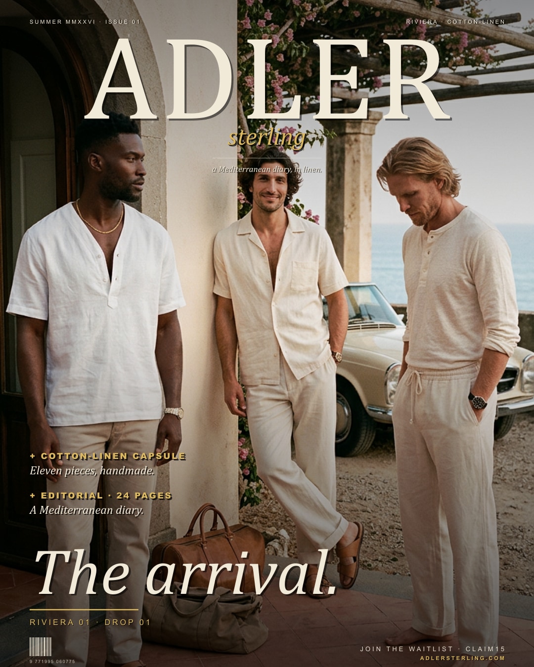 The arrival — Riviera 01 · Mediterranean villa terrace, three friends in cotton-linen.