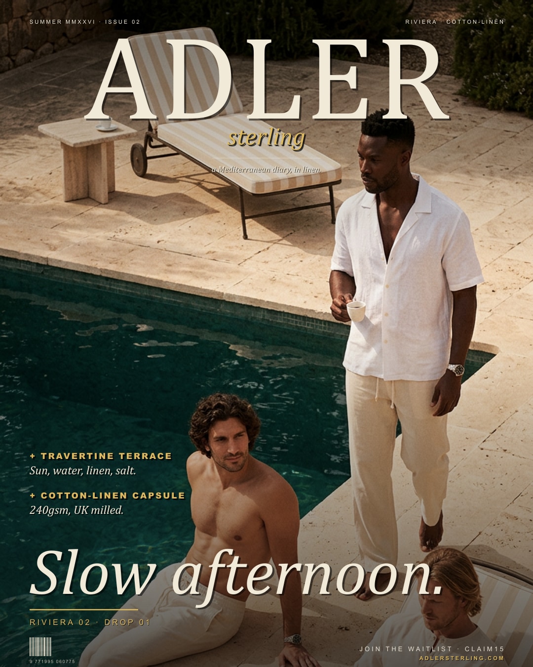 Slow afternoon — Riviera 02 · Travertine pool terrace at midday.