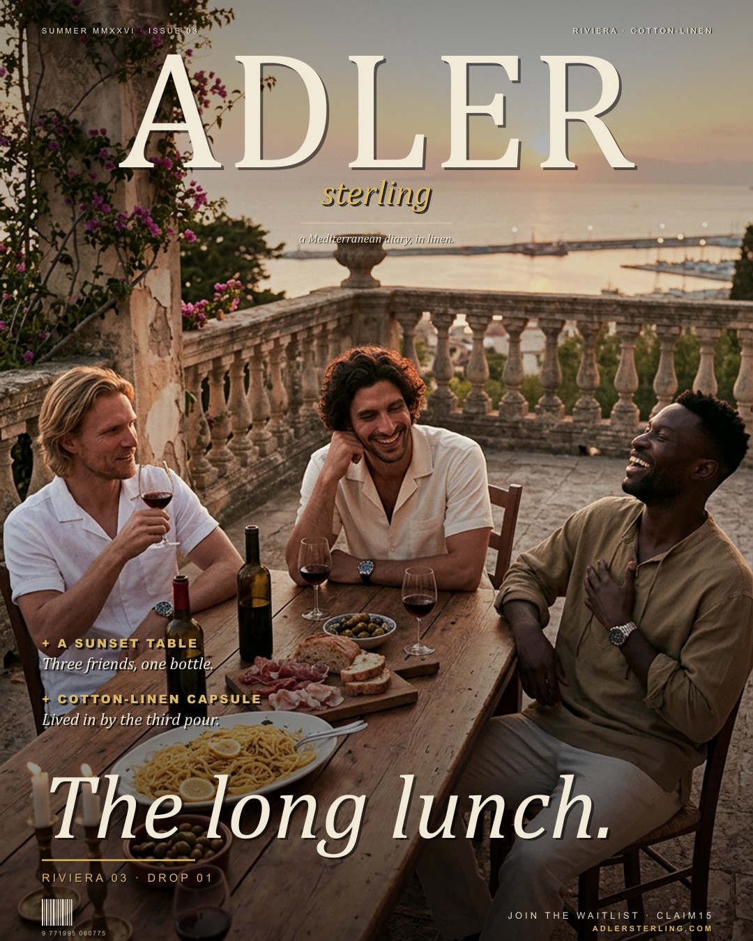 The long lunch — Riviera 03 · Sunset terrace, three friends, antipasti and Italian wine.