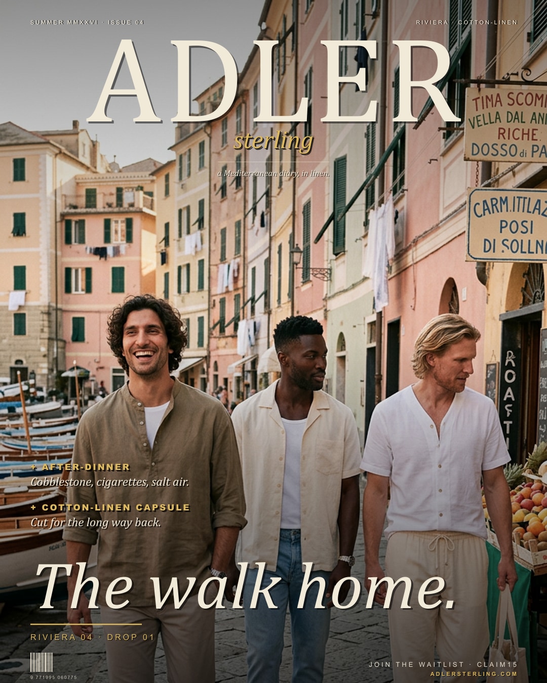 The walk home — Riviera 04 · Cobblestone Italian harbour town street.