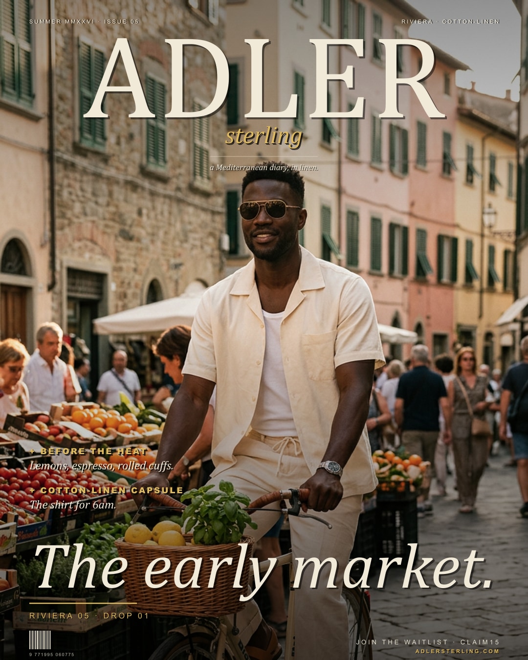 The early market — Riviera 05 · Italian harbour market, lemons and espresso.