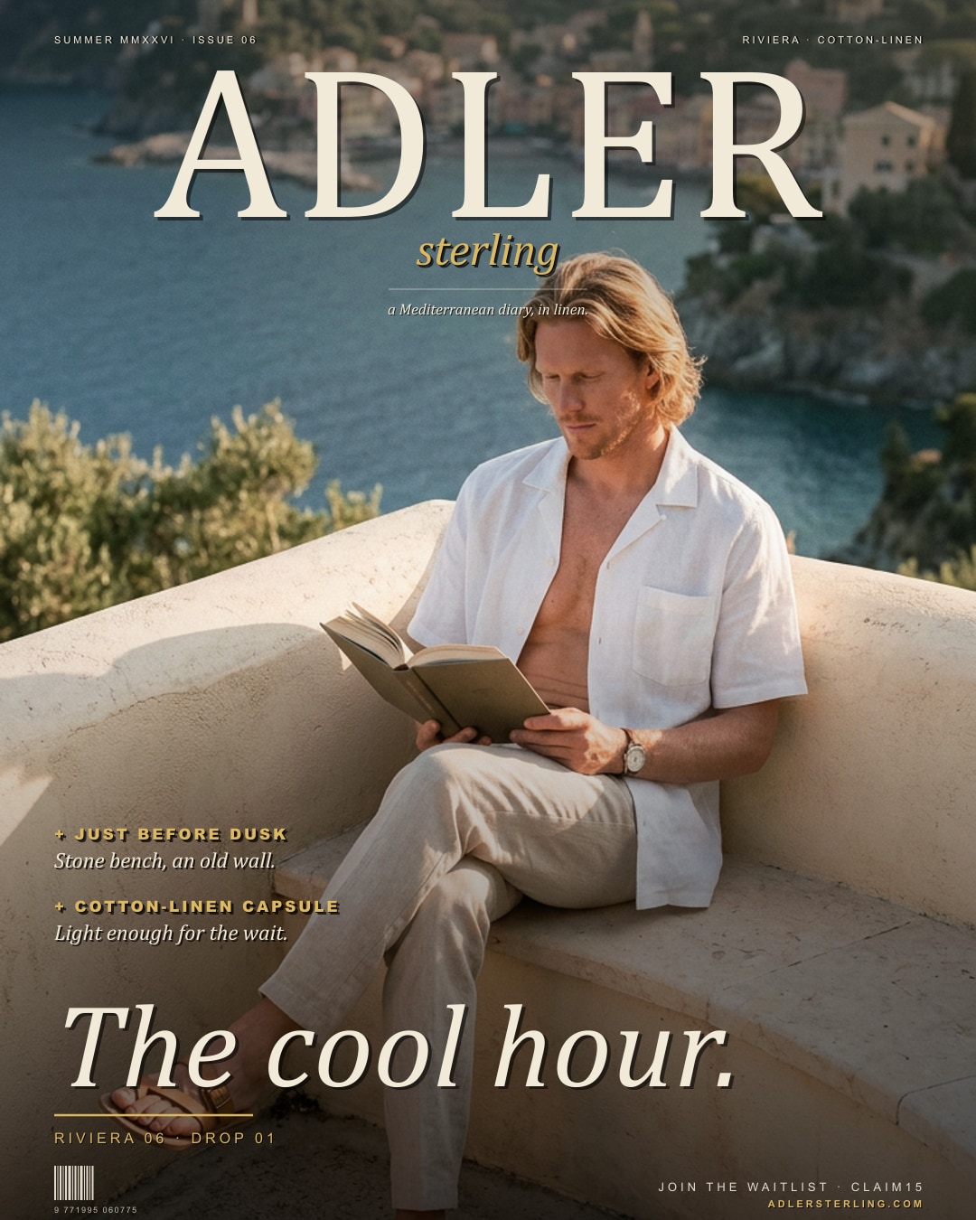 The cool hour — Riviera 06 · Sun-bleached cream stone bench overlooking the Mediterranean.