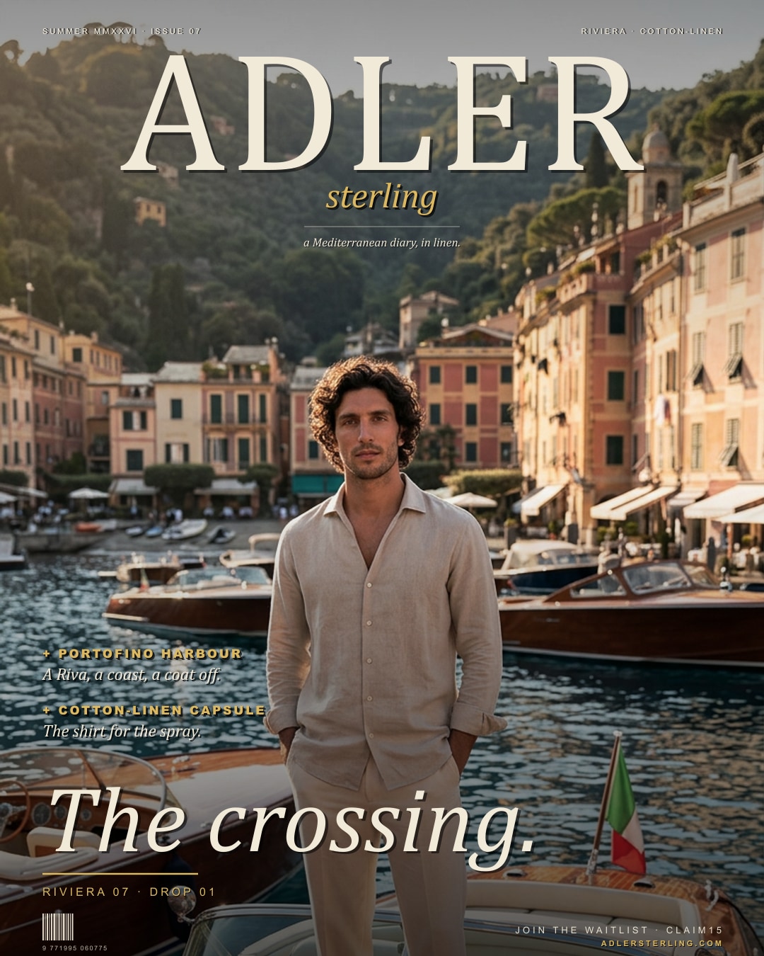 The crossing — Riviera 07 · Italian model on a vintage Riva boat in Portofino harbour.